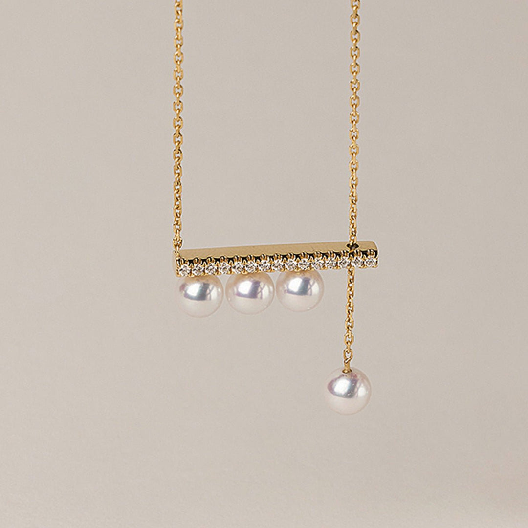 Akoya Pearl 18K Yellow Gold Balance Beam Diamond Necklace - HELAS Jewelry