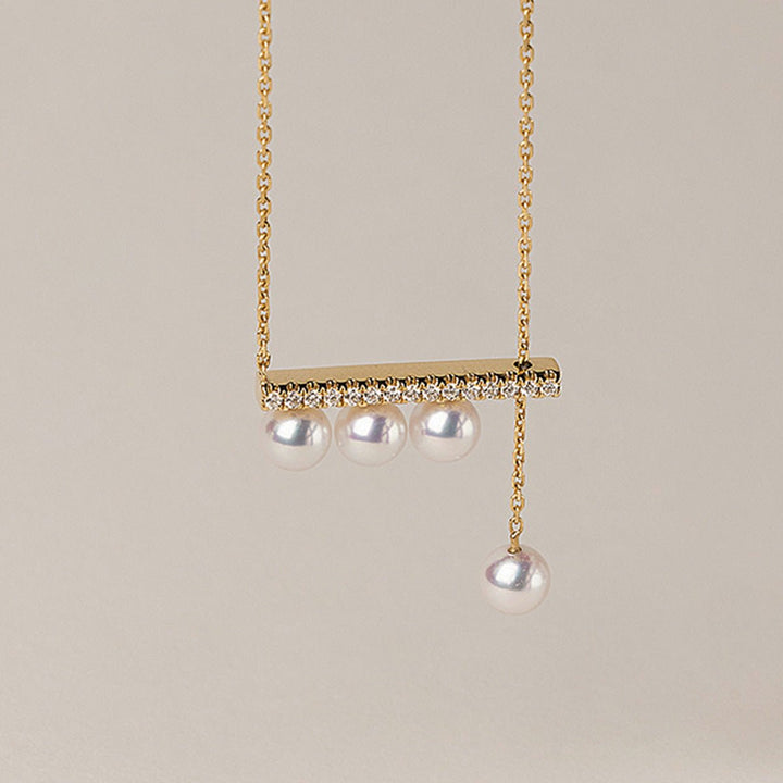 Akoya Pearl 18K Yellow Gold Balance Beam Diamond Necklace - HELAS Jewelry