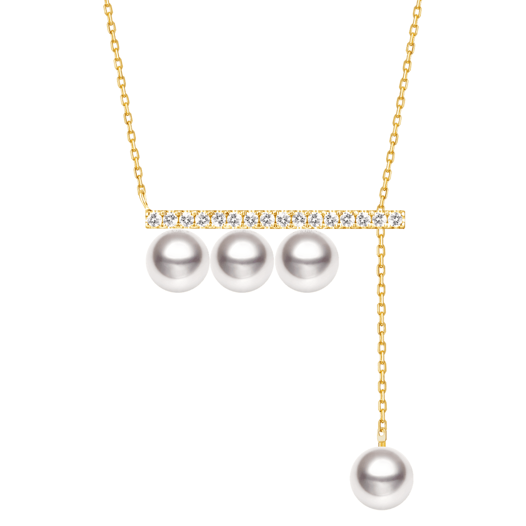 Akoya Pearl 18K Yellow Gold Balance Beam Diamond Necklace - HELAS Jewelry