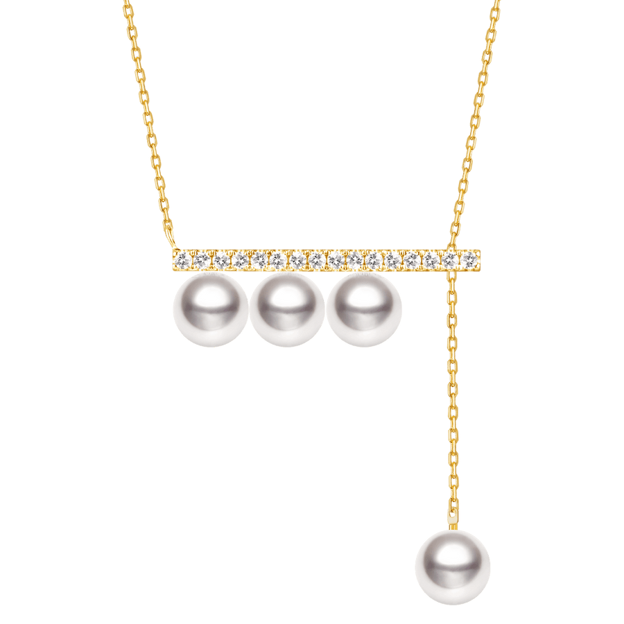 Akoya Pearl 18K Yellow Gold Balance Beam Diamond Necklace - HELAS Jewelry