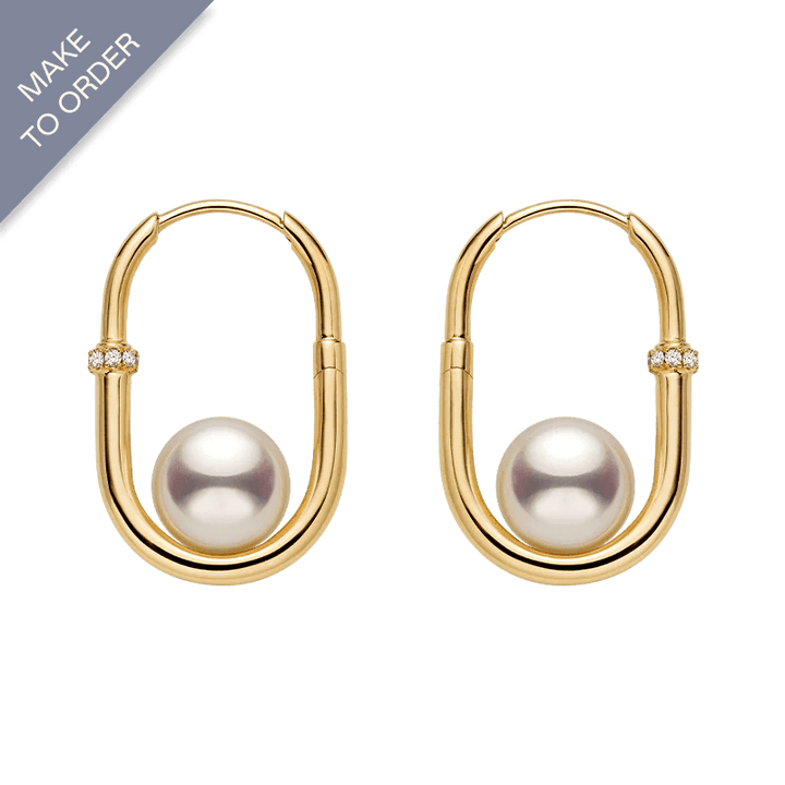 Akoya Saltwater Pearl 18K Gold Diamond U - shaped Hoop Earrings - HELAS Jewelry
