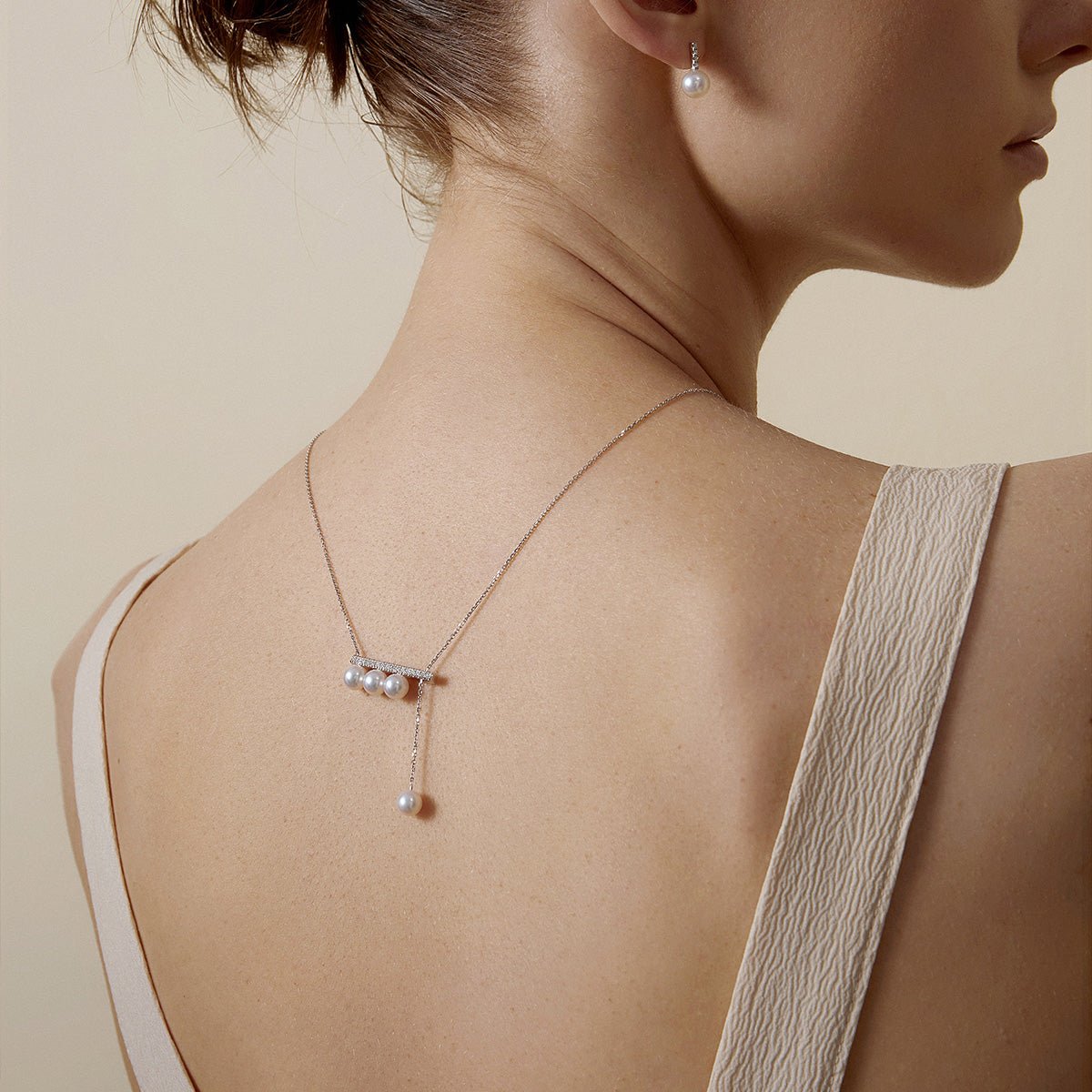 Akoya Saltwater Pearl 18K White Gold Balance Beam Diamond Necklace - HELAS Jewelry