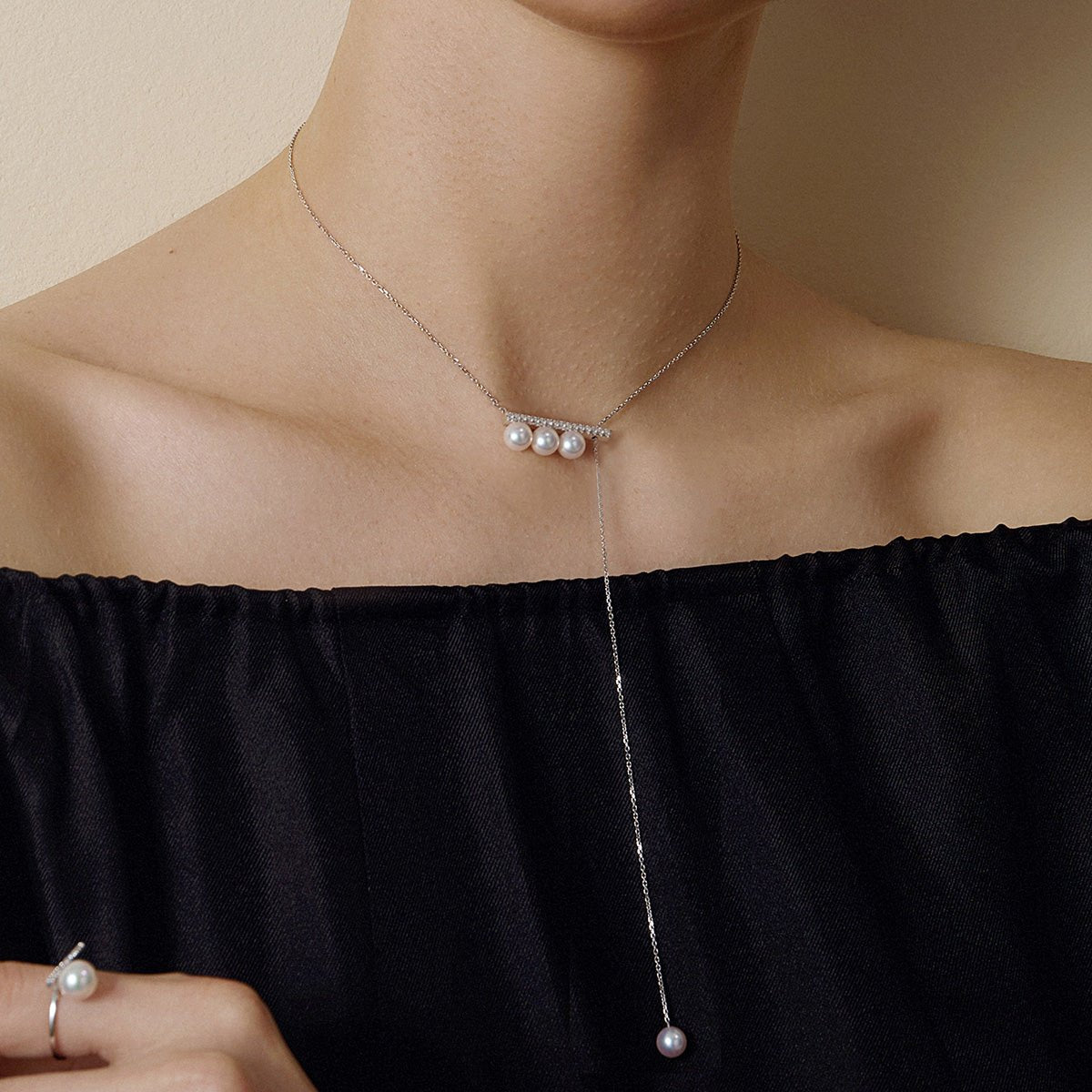 Akoya Saltwater Pearl 18K White Gold Balance Beam Diamond Necklace - HELAS Jewelry