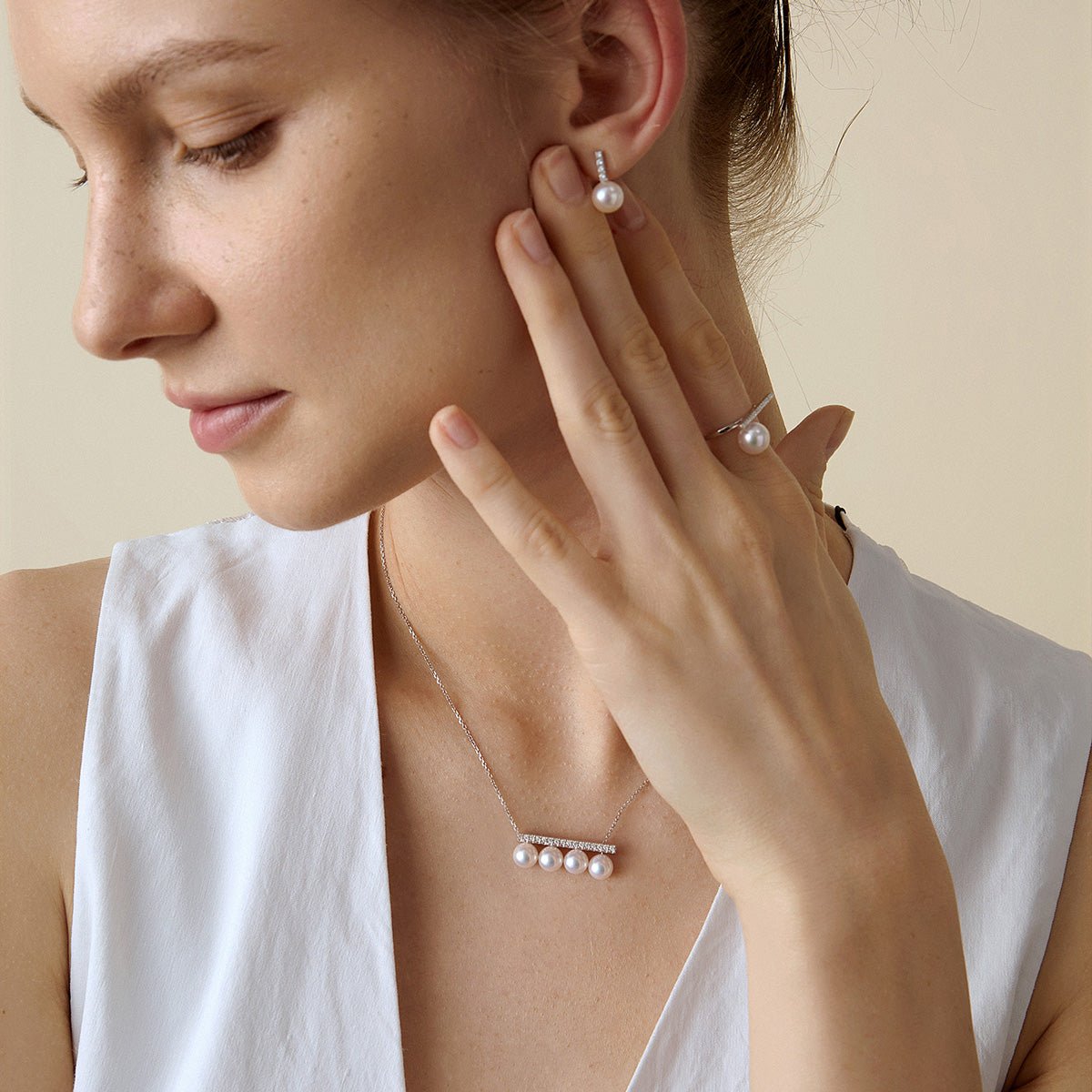 Akoya Saltwater Pearl 18K White Gold Balance Beam Diamond Necklace - HELAS Jewelry