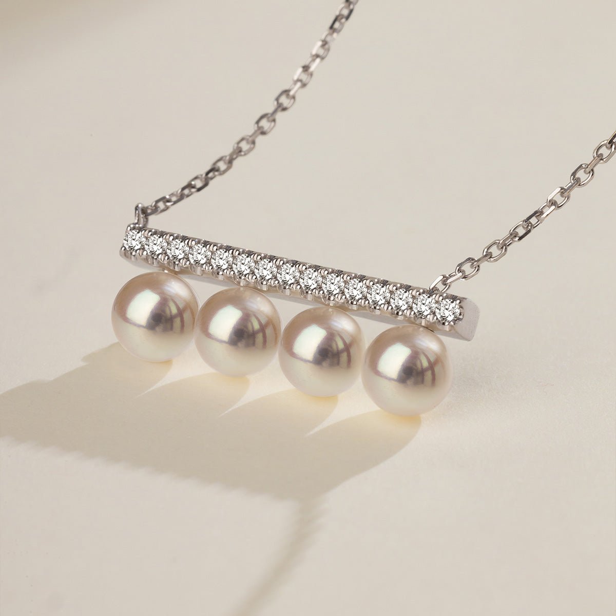 Akoya Saltwater Pearl 18K White Gold Balance Beam Diamond Necklace - HELAS Jewelry