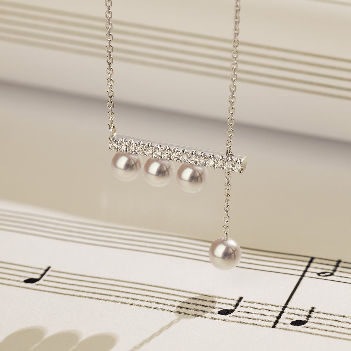Akoya Saltwater Pearl 18K White Gold Balance Beam Diamond Necklace - HELAS Jewelry