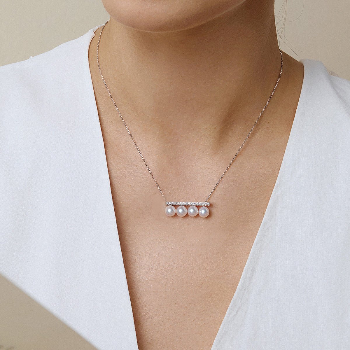 Akoya Saltwater Pearl 18K White Gold Balance Beam Diamond Necklace - HELAS Jewelry