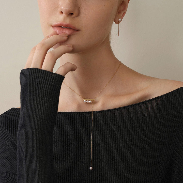 Akoya Saltwater Pearl 18K Yellow Gold Balance Beam Necklace - HELAS Jewelry