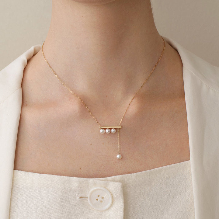 Akoya Saltwater Pearl 18K Yellow Gold Balance Beam Necklace - HELAS Jewelry