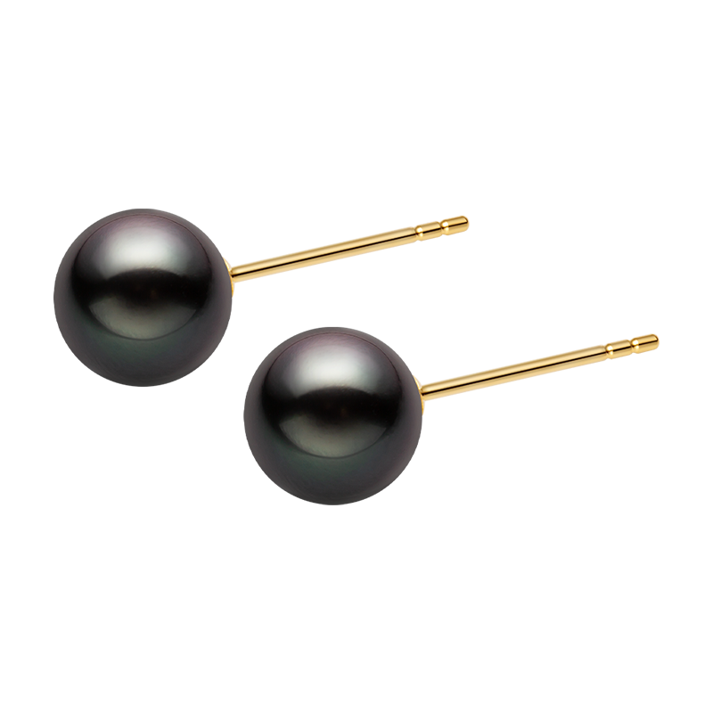 18K gold Tahitian pearl stud earrings from Basic Collection featuring round black pearls and classic earring design.