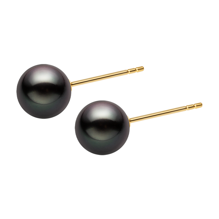 18K gold Tahitian pearl stud earrings from Basic Collection featuring round black pearls and classic earring design.