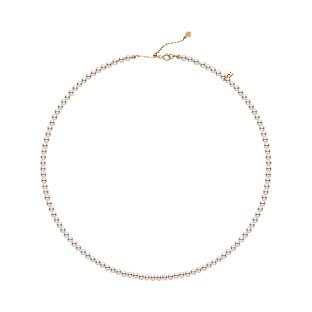Aurora freshwater pearl strand necklace with gold vermeil H-mark charm in 925 sterling silver, product flat lay on transparent background