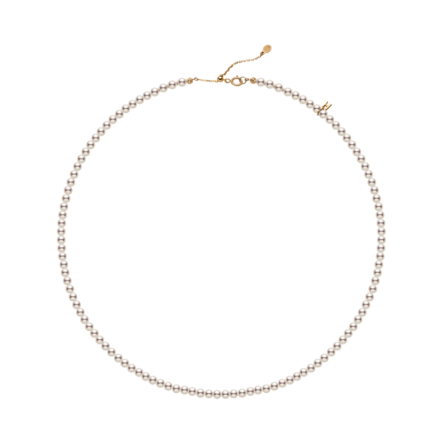 Aurora freshwater pearl strand necklace with gold vermeil H-mark charm in 925 sterling silver, product flat lay on transparent background