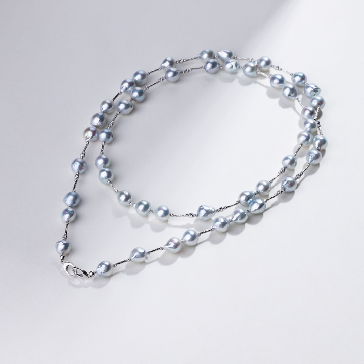 Silver Blue Baroque Pearl 18K Gold Sparkling Long Station Necklace