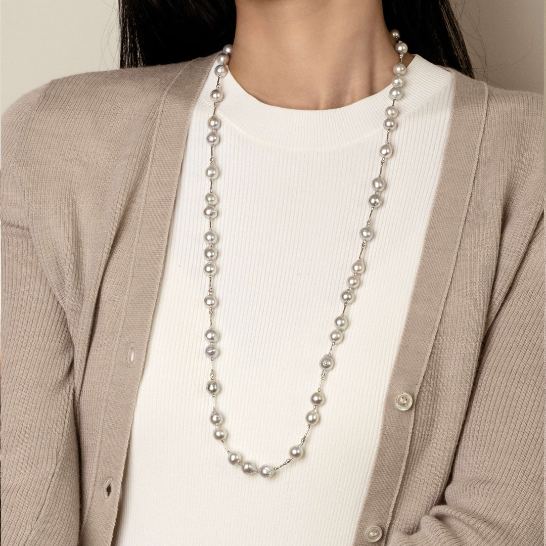 Silver Blue Baroque Pearl 18K Gold Sparkling Long Station Necklace - HELAS Jewelry