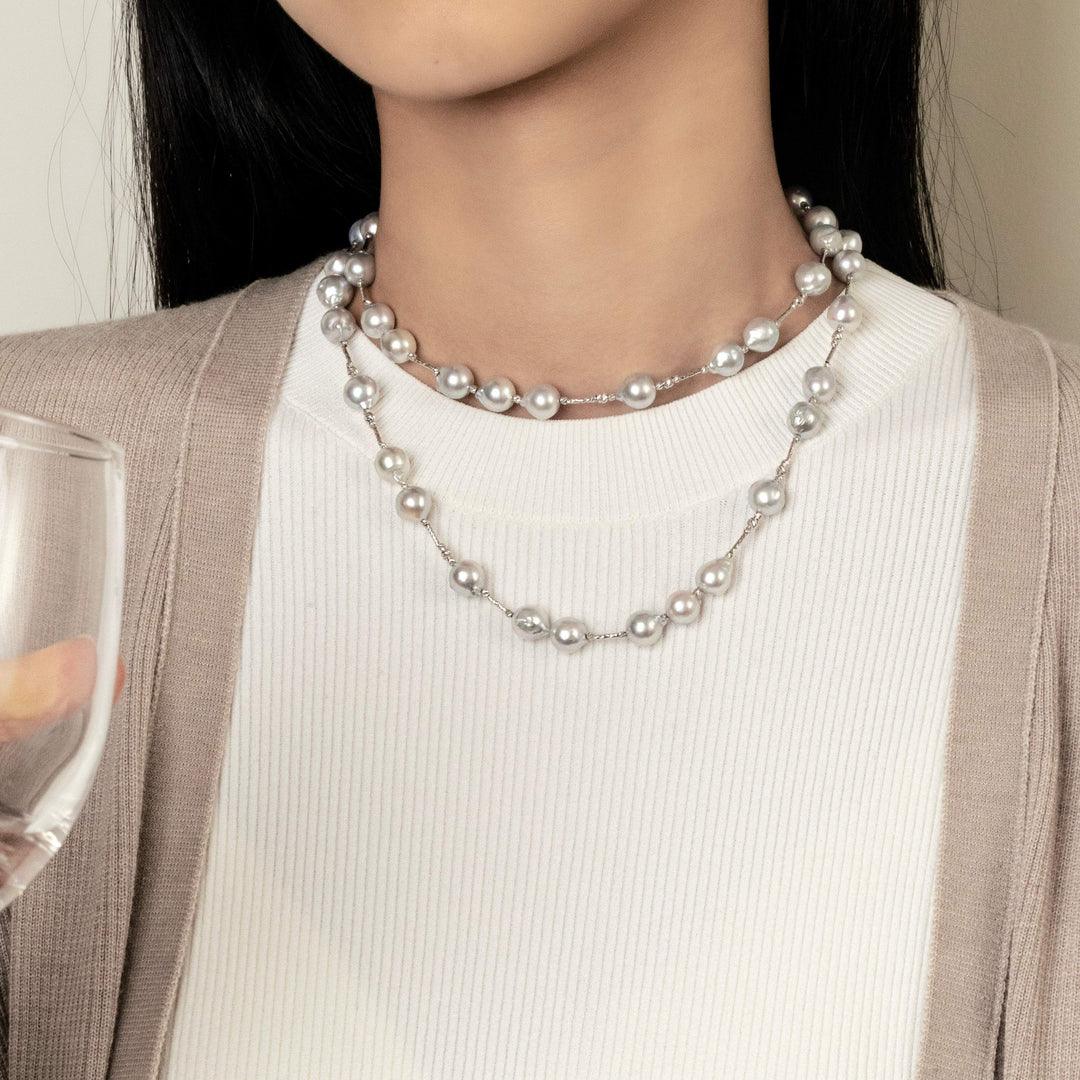 Silver Blue Baroque Pearl 18K Gold Sparkling Long Station Necklace - HELAS Jewelry