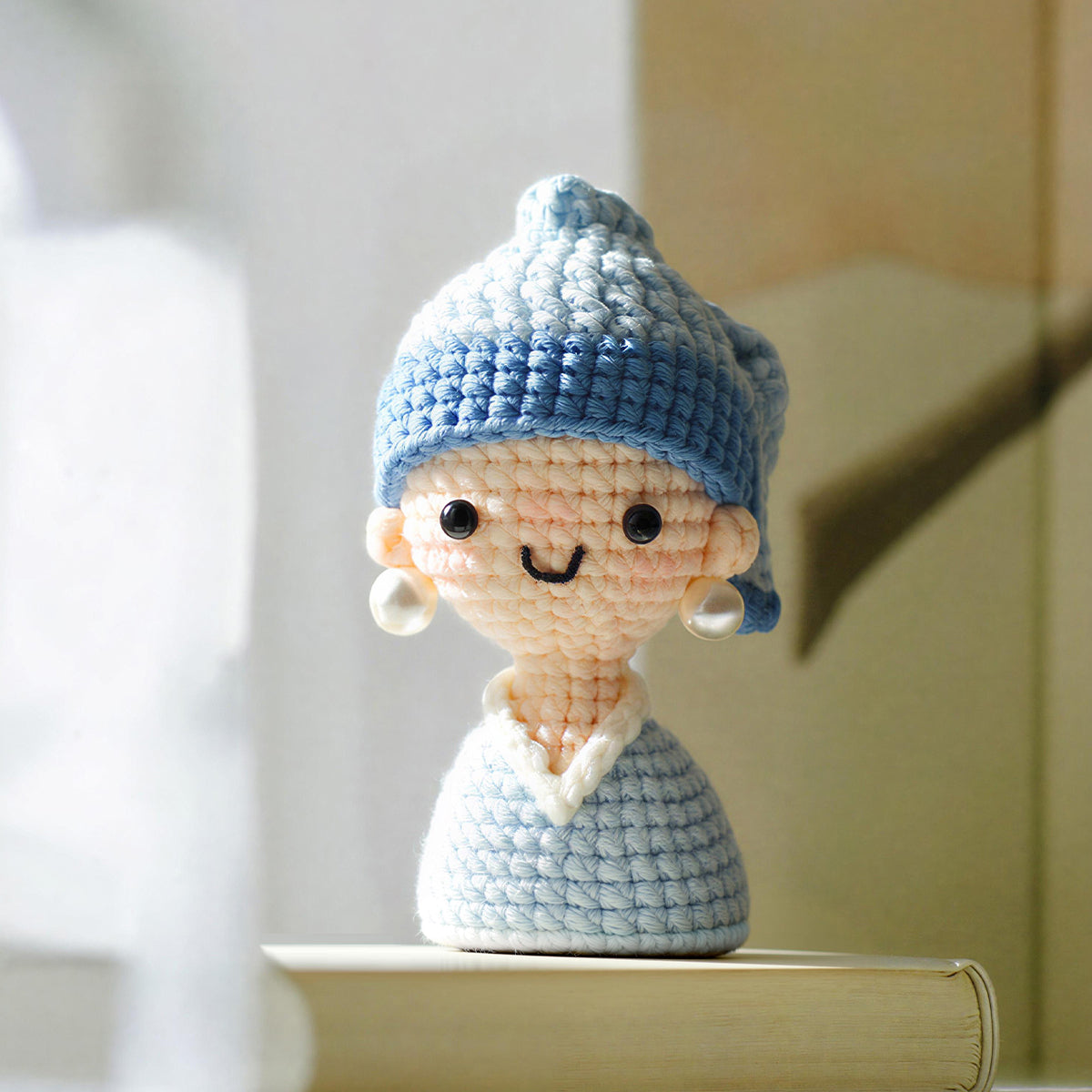 Pearl Earring Girl Crochet Hand‑Knitted Art Yarn Doll Keychain