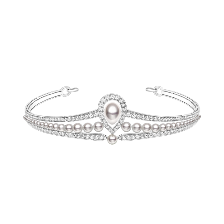Elegant Akoya and South Sea pearl 18K white gold diamond crown from Bridal Collection, showcasing intricate design and sparkling gemstones.