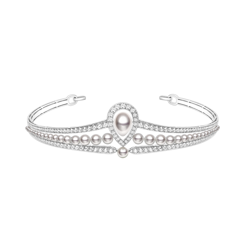 Elegant Akoya and South Sea pearl 18K white gold diamond crown from Bridal Collection, showcasing intricate design and sparkling gemstones.