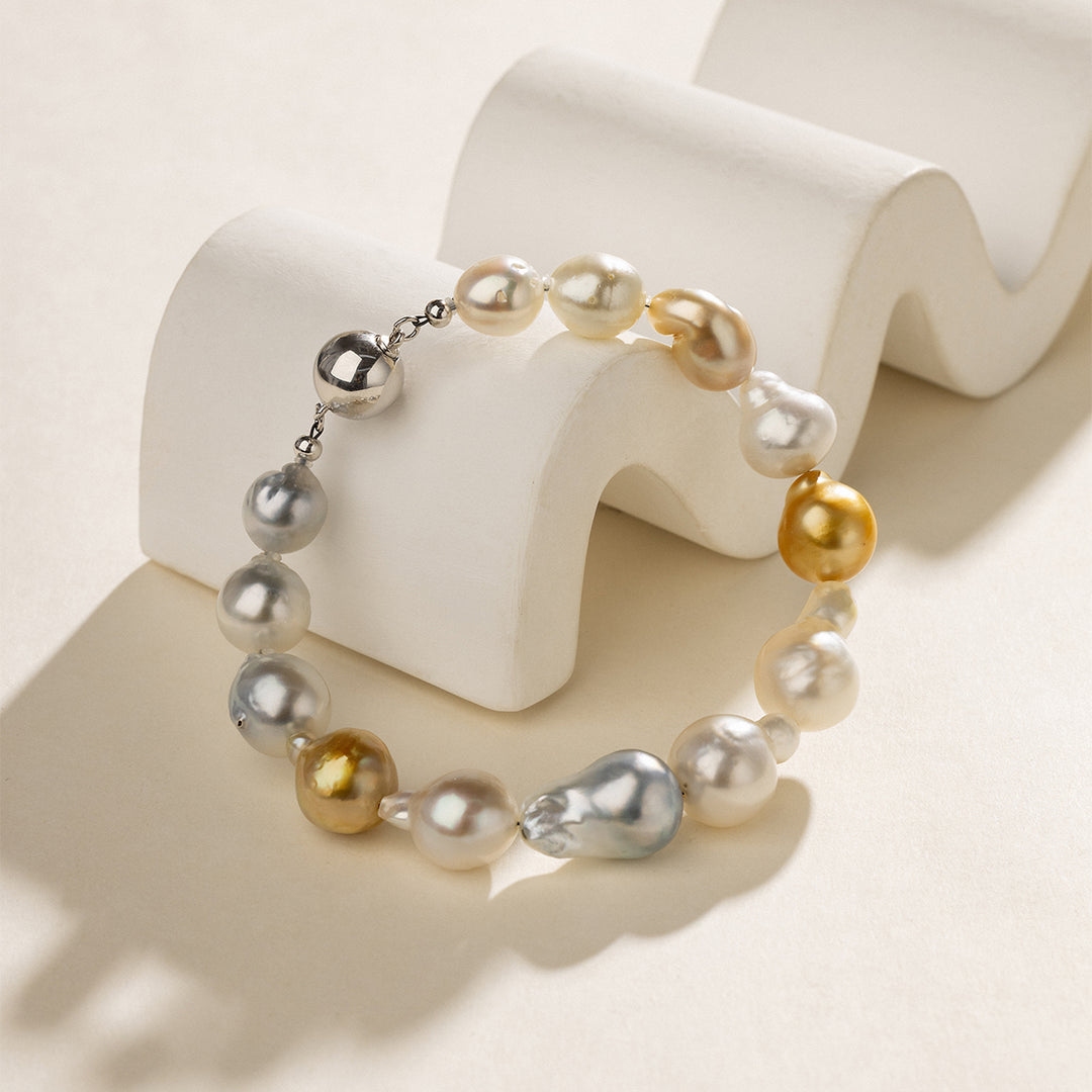 Baroque South Sea Pearl 925 Sterling Silver Ball Clasp Mixed Color Bracelet