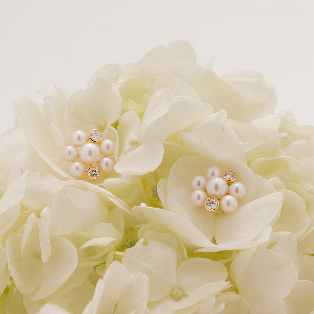 Freshwater Pearl 9K Gold Lab-Grown Diamond Dandelion Stud Earrings