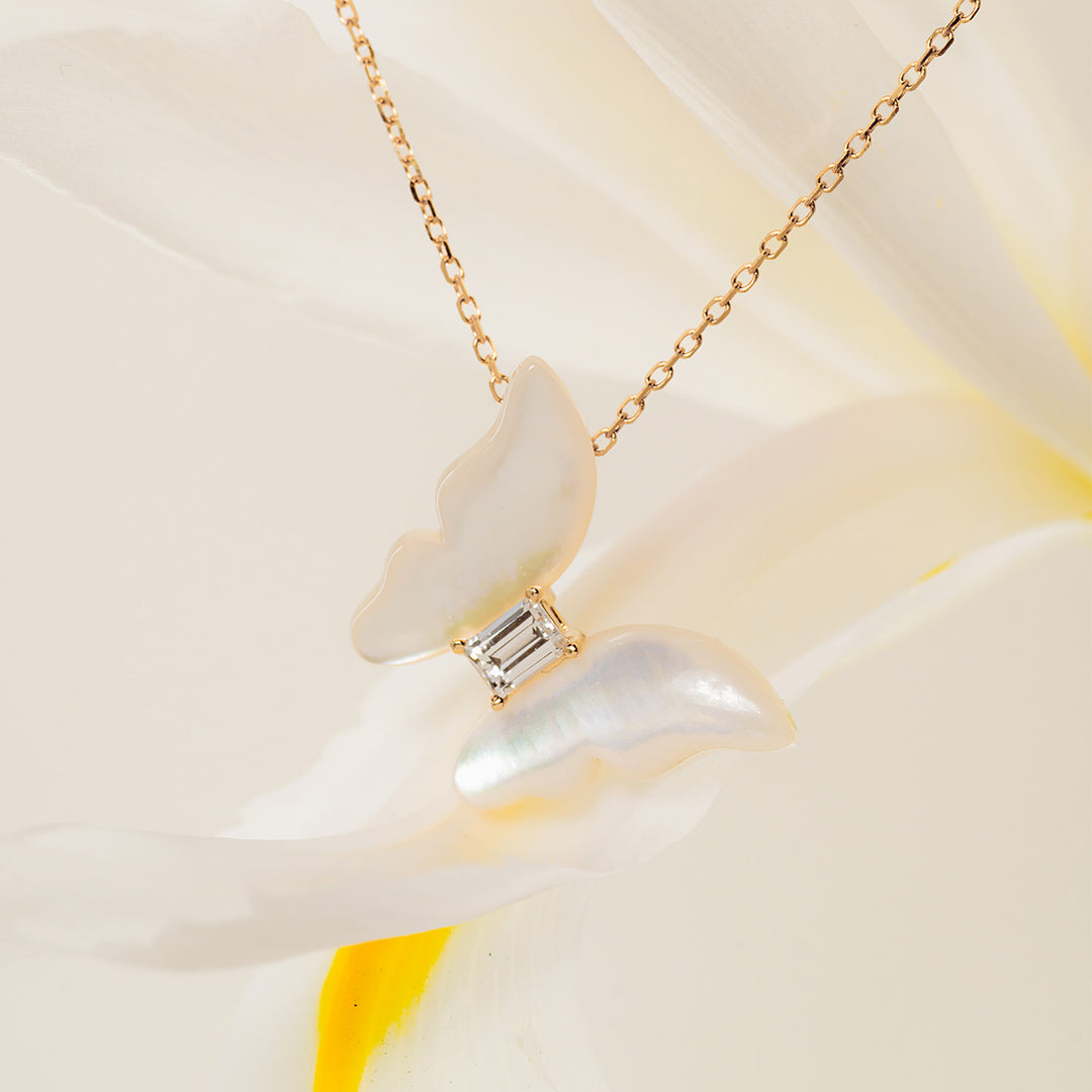 Mother-of-Pearl 9K Gold Lab-Grown Diamond Butterfly Sugar Cube Pendant Necklace