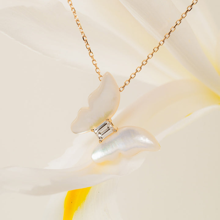 Mother-of-Pearl 9K Gold Lab-Grown Diamond Butterfly Sugar Cube Pendant Necklace
