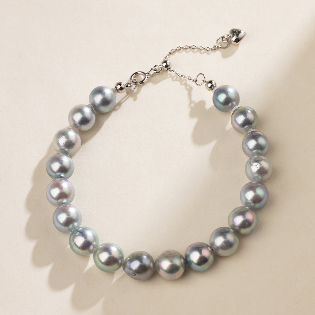 Baroque Akoya Pearl 925 Sterling Silver Heart Clasp Slate Blue Bracelet