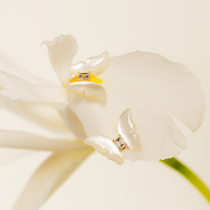 Mother-of-Pearl 9K Gold Lab-Grown Diamond Butterfly Sugar Cube Stud Earrings