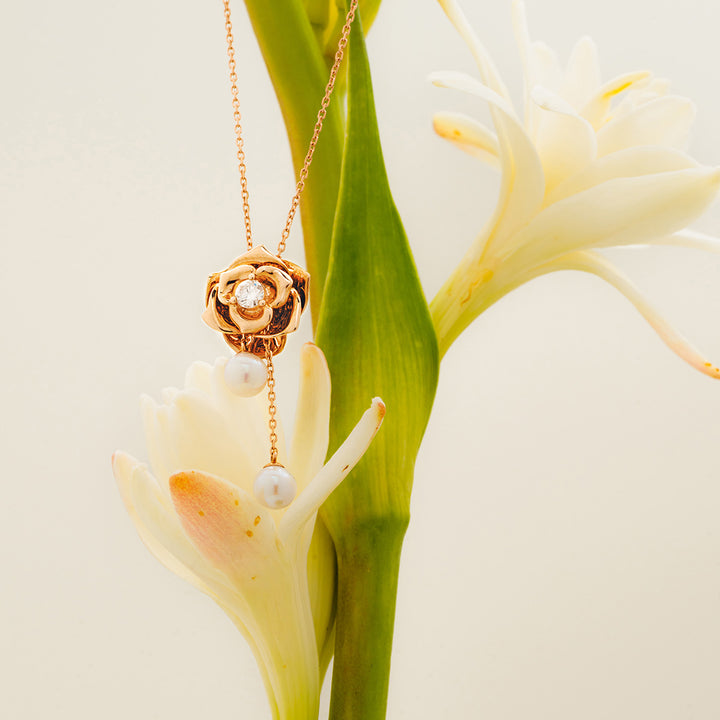Freshwater Pearl 9K Rose Gold Lab-Grown Diamond Dewdrop Rose Necklace