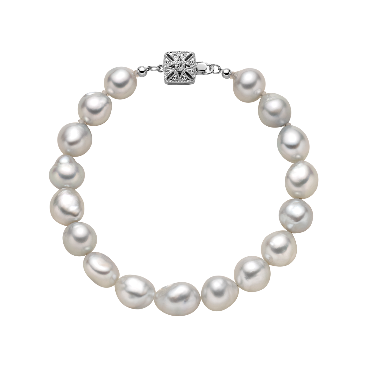South Sea Pearl 10K White Gold Square Clasp Diamond Elegant Bracelet