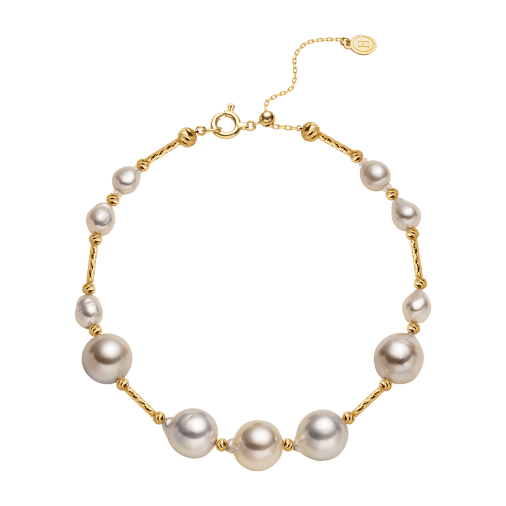 Gold vermeil multi-color baroque freshwater pearl station bracelet, full view