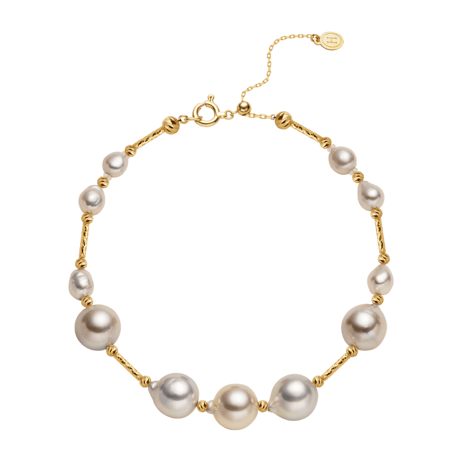 Gold vermeil multi-color baroque freshwater pearl station bracelet, full view