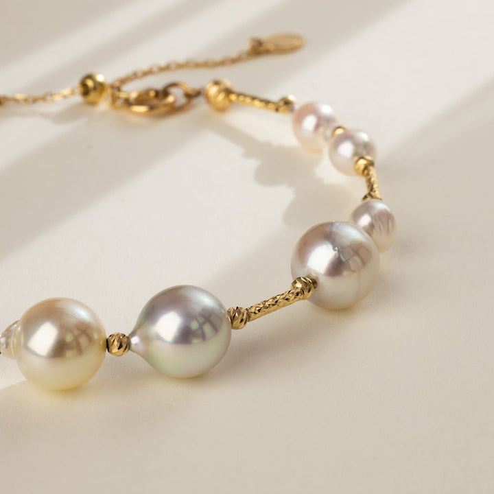 Close-up of baroque freshwater pearls showing iridescent multi-color overtones