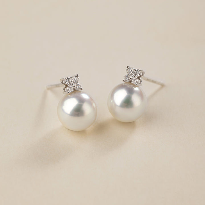 Akoya Pearl 10K White Gold Diamond Clover Stud Earrings