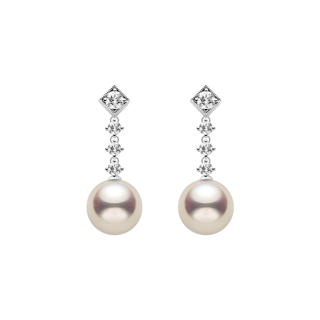 Akoya Pearl 10K White Gold Diamond Kite Shaped Stud Earrings