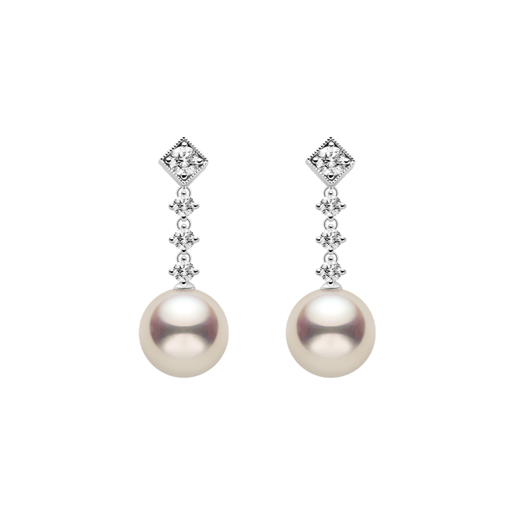 Akoya Pearl 10K White Gold Diamond Kite Shaped Stud Earrings