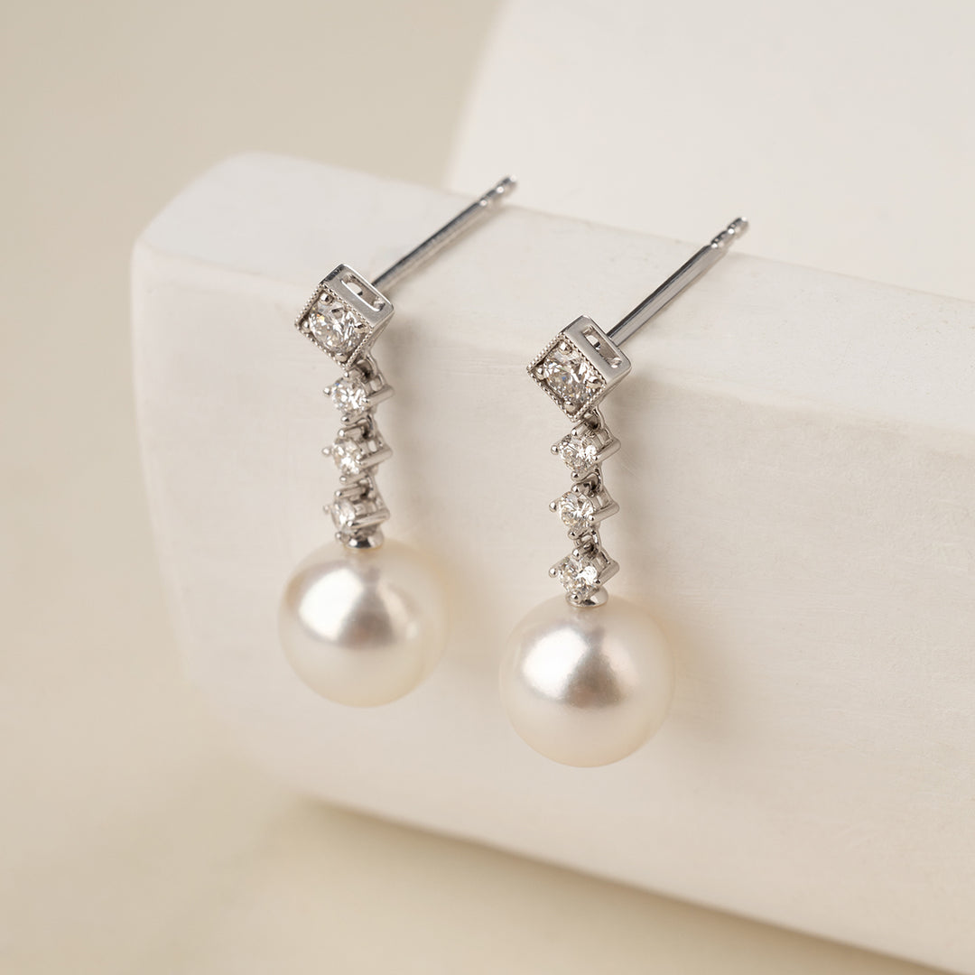 Akoya Pearl 10K White Gold Diamond Kite Shaped Stud Earrings