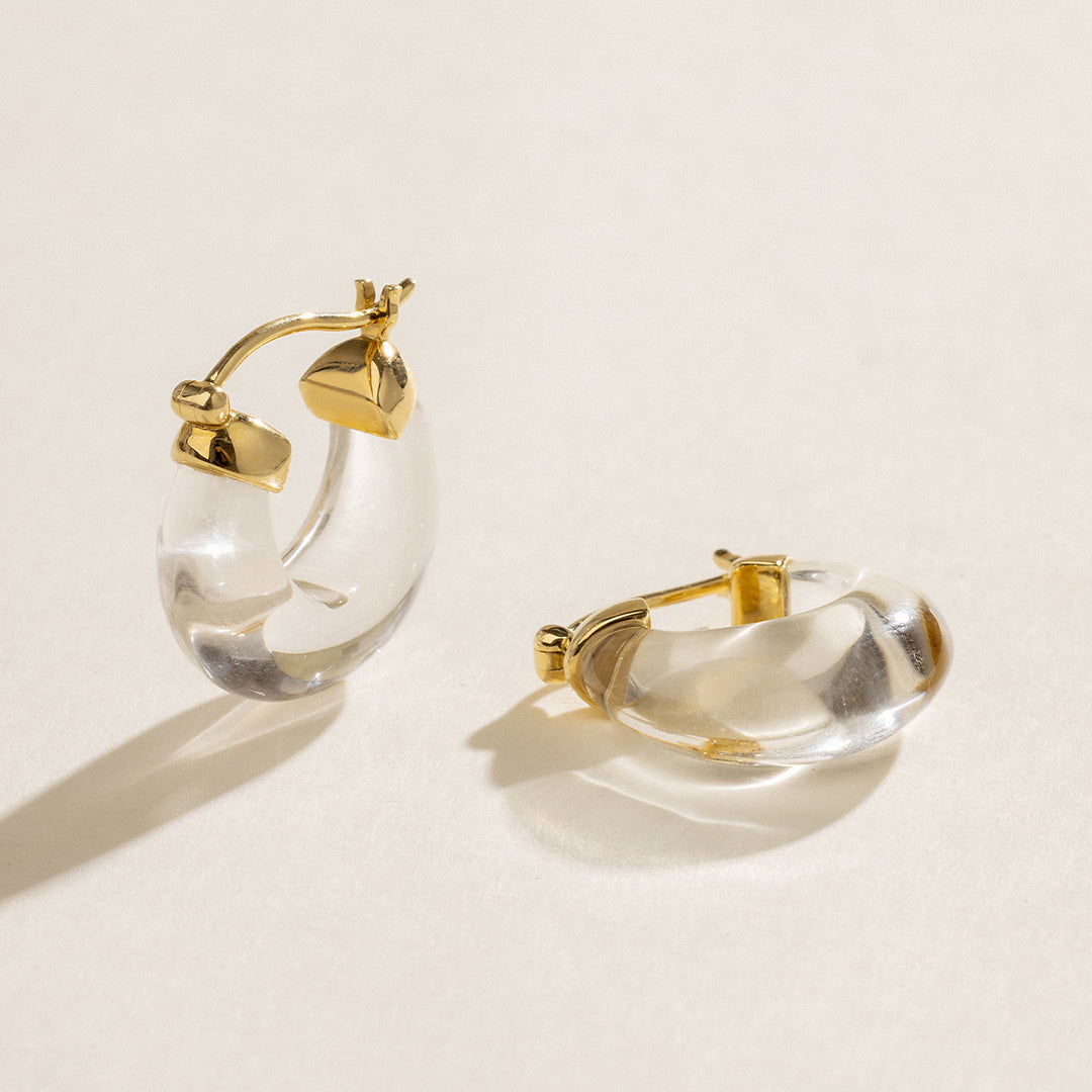 10K Yellow Gold Natural Clear Quartz Hoop Earrings