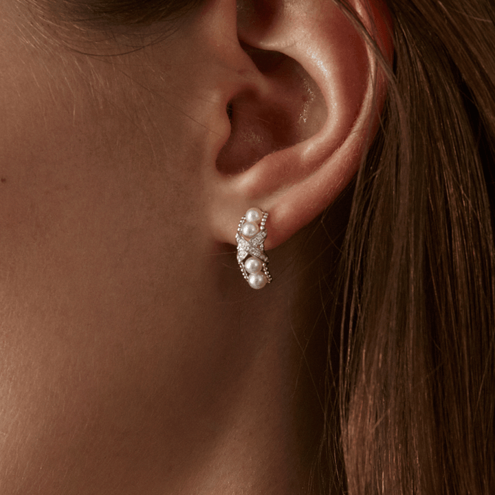 Freshwater Pearls 14K Gold Lab - Grown Diamonds Quartet X - Pearl Earrings - HELAS Jewelry