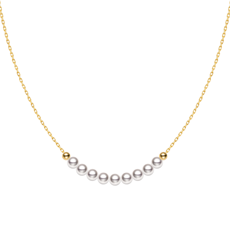 Akoya 18k yellow gold baby's breath smile necklace from Fine Line Collection showing a delicate gold chain with a small floral pendant.