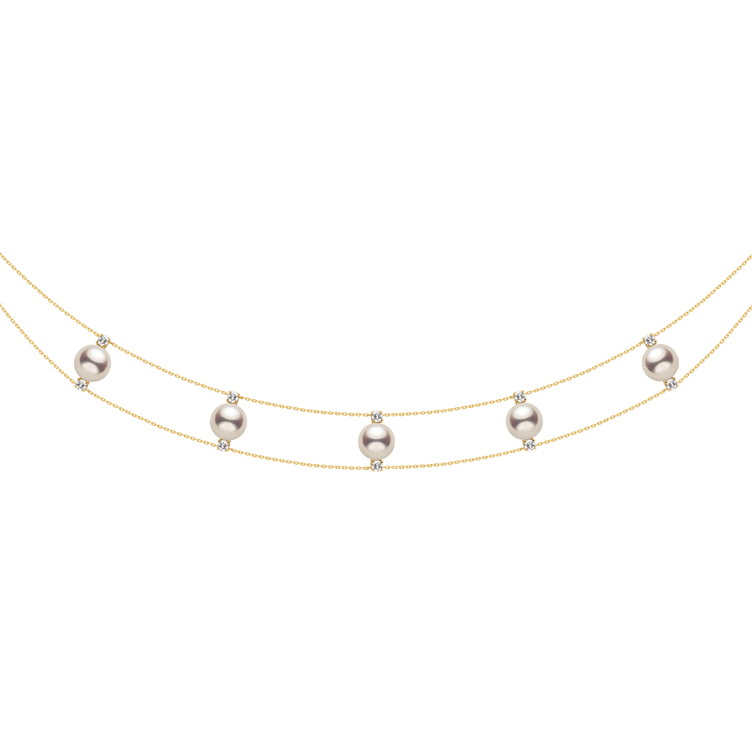 AAAAA freshwater pearl and lab-grown diamond gold vermeil double strand necklace in 925 sterling silver, white background