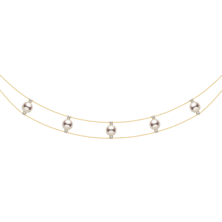 AAAAA freshwater pearl and lab-grown diamond gold vermeil double strand necklace in 925 sterling silver, white background