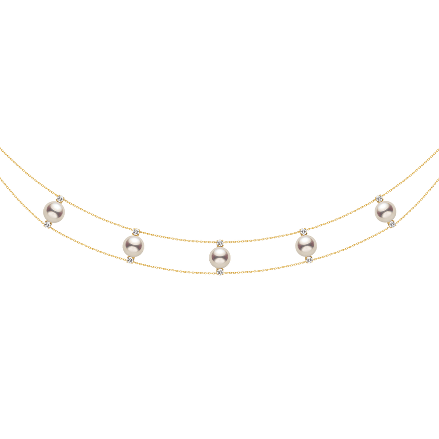 AAAAA freshwater pearl and lab-grown diamond gold vermeil double strand necklace in 925 sterling silver, white background