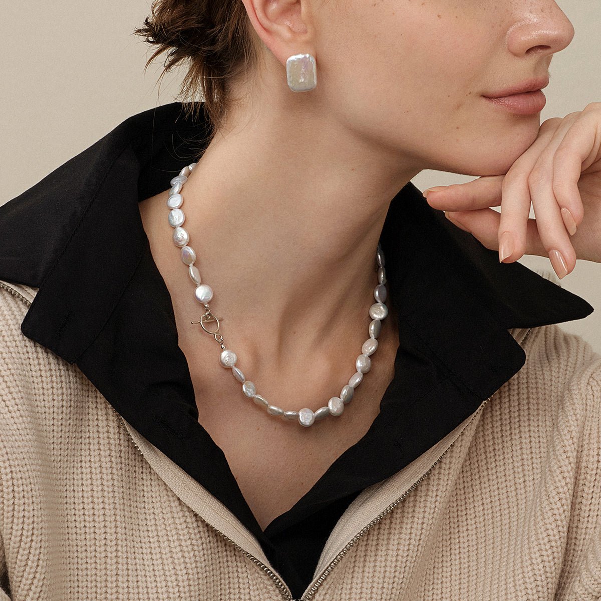 Freshwater Baroque Pearl 925 Silver Toggle Clasp Button Shape Strand Necklace - HELAS Jewelry