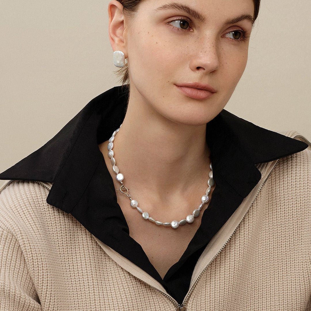 Freshwater Baroque Pearl 925 Silver Toggle Clasp Button Shape Strand Necklace - HELAS Jewelry