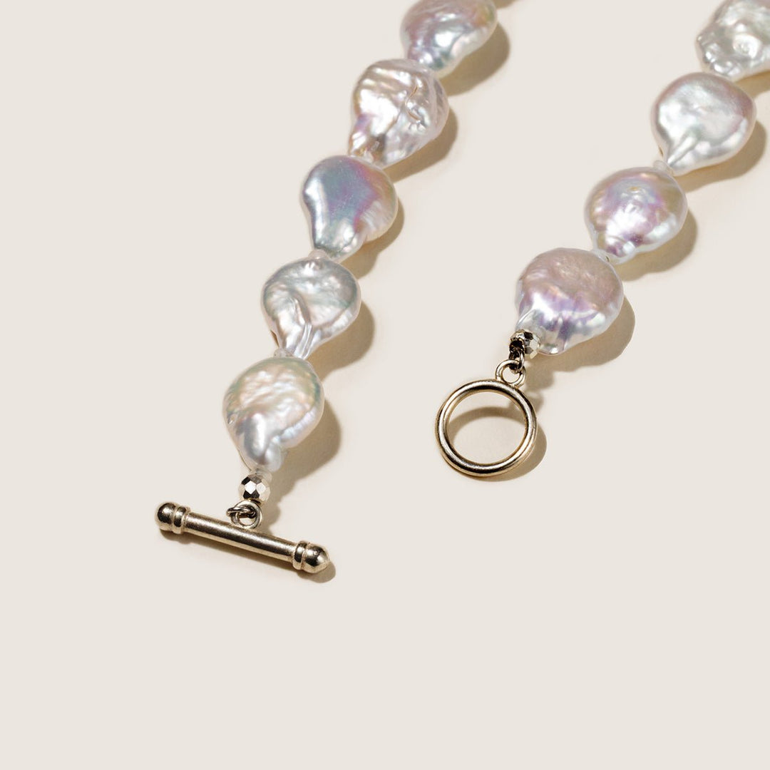 Freshwater Baroque Pearl 925 Silver Toggle Clasp Flat Drops Strand Necklace - HELAS Jewelry