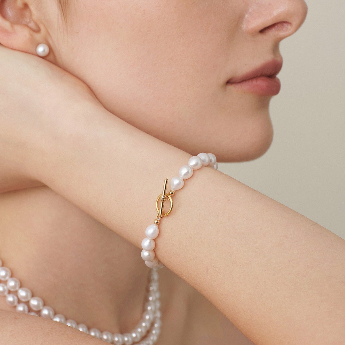 Freshwater Pearl 925 Silver Toggle Clasp Organic Ellipse Bracelet - HELAS Jewelry