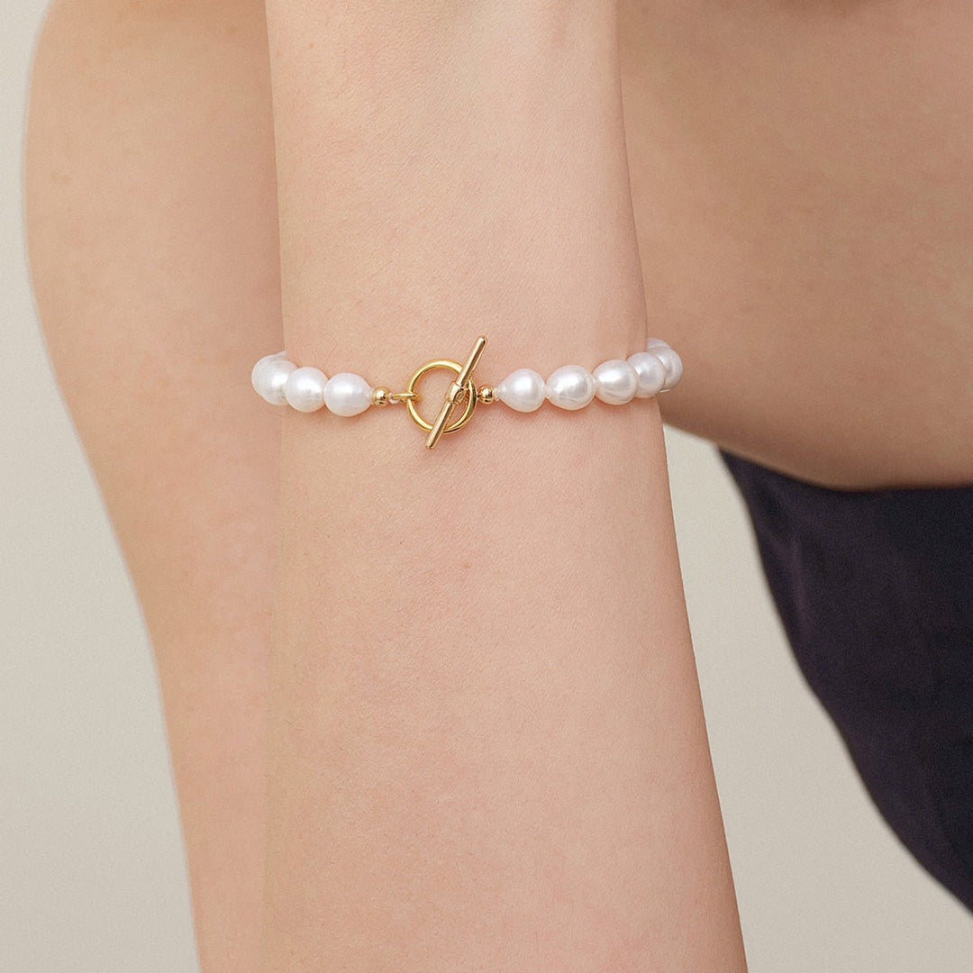 Freshwater Pearl 925 Silver Toggle Clasp Organic Ellipse Bracelet - HELAS Jewelry