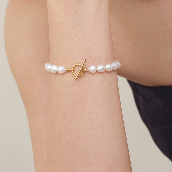 Freshwater Pearl 925 Silver Toggle Clasp Organic Ellipse Bracelet - HELAS Jewelry